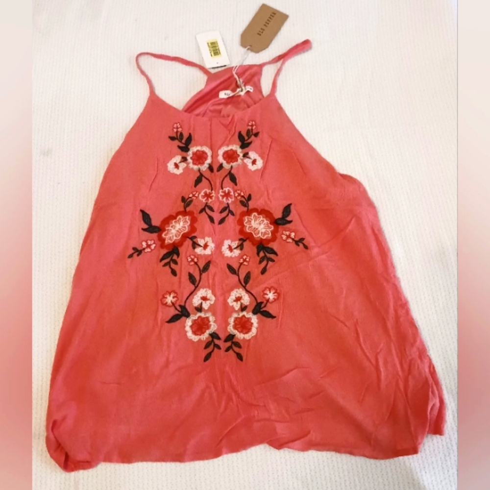 Floral Embroidered Pink Top Sz Lg Lined Cotton